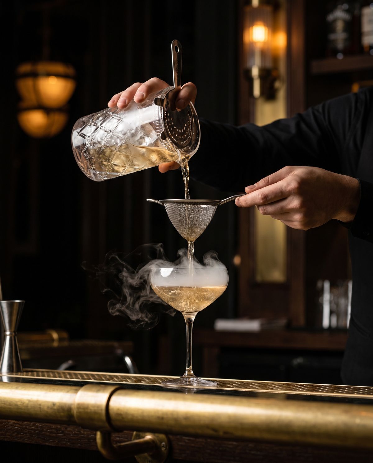 A mixologist in black pours a champagne-gold cocktail into a coupe glass at a dark, brass-railed bar.